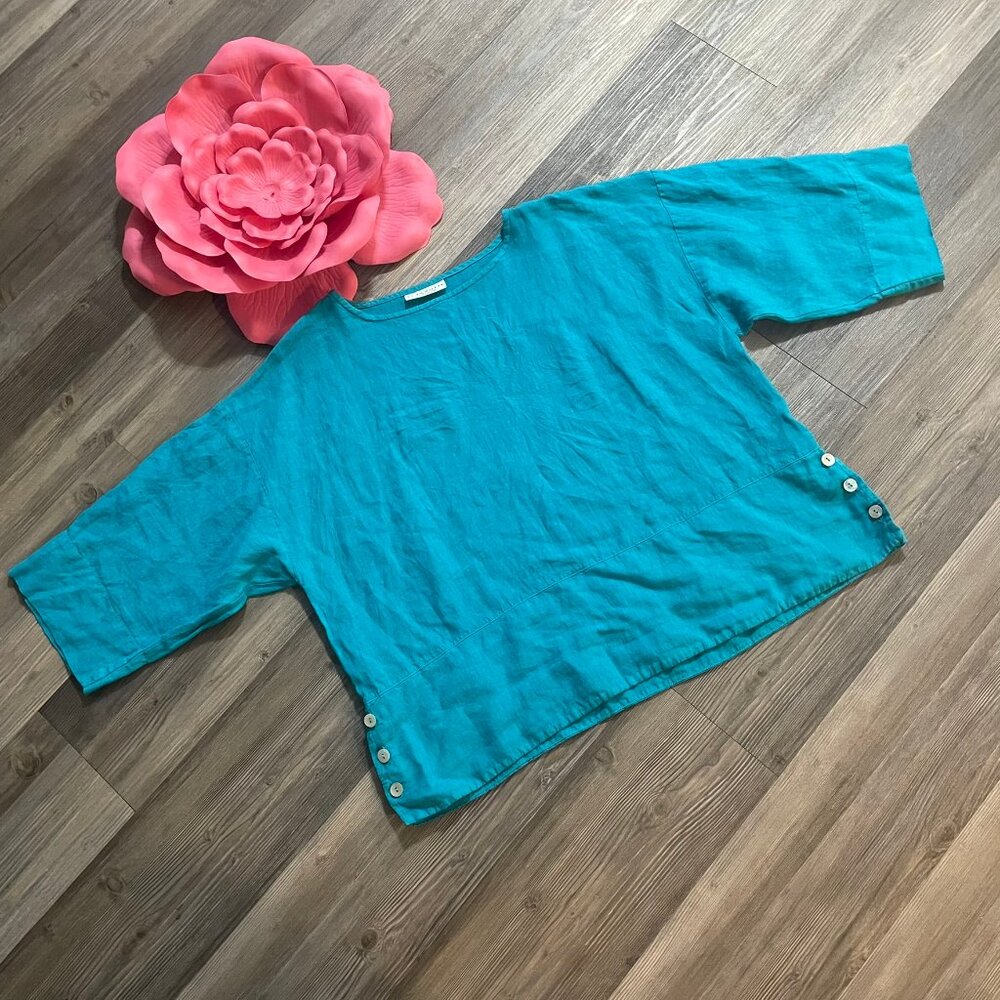 BRYN WALKER Sz L Blue 100% Linen Oversized Boho Lagenlook Tunic Top Side Buttons
